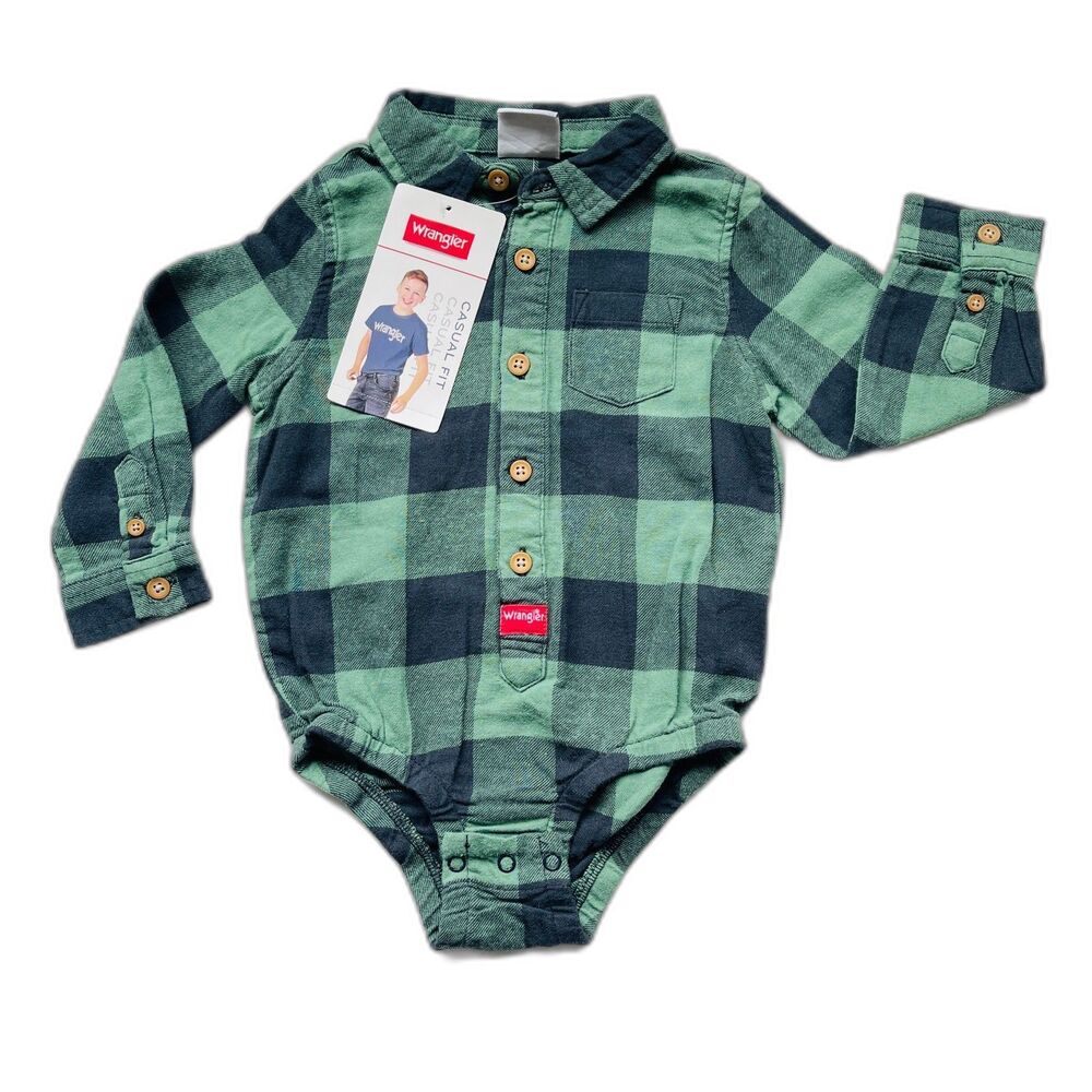 Wrangler Green and Navy Plaid Flannel Bodysuit Size 24 months
